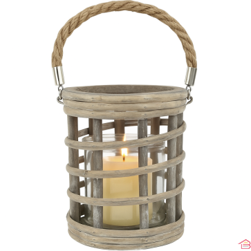 LANTERNE TEMPÊTE DÉCORATIVE EN BOIS ET OSIER GRIS MARRON 18 CM POUR BOUGIE