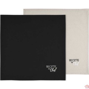 LOT DE 2 SERVIETTES DE TABLE 40 X 40 CM LIN ET NOIR EN COTON