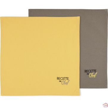 LOT DE 2 SERVIETTES DE TABLE 40 X 40 CM TAUPE ET MOUTARDE EN COTON