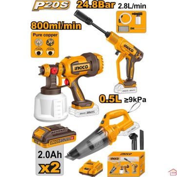 KIT COMBINÉ SANS FIL 3 PIÈCES INGCO PACK 20 VOLTS PISTOLET À PEINTURE ASPIRATEUR ET NETTOYEUR