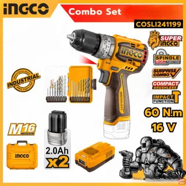 KIT PERCEUSE À PERCUSSION SANS FIL COMPACTE SANS BALAI INGCO AVEC VISSEUSE À BATTERIE 16 VOLTS ET 2 BATTERIES 2 AH