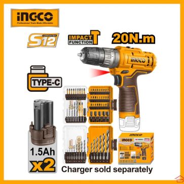 KIT PERCEUSE À PERCUSSION SANS FIL INGCO AVEC VISSEUSE À BATTERIE 12 VOLTS 1.5 AH