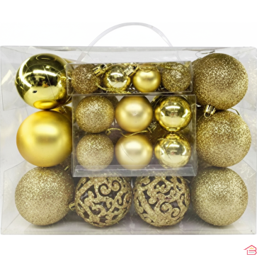 BOÎTE DE 44 BOULES DE NOËL DORÉES DIAMÈTRES 6CM 4CM ET 3CM POUR SAPIN