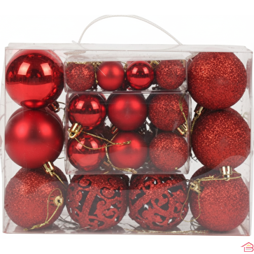 BOÎTE DE 44 BOULES DE NOËL ROUGES DIAMÈTRES 6CM 4CM ET 3CM POUR SAPIN