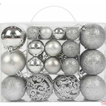 BOÎTE DE 44 BOULES DE NOËL ARGENTÉES DIAMÈTRES 6CM 4CM ET 3CM POUR SAPIN