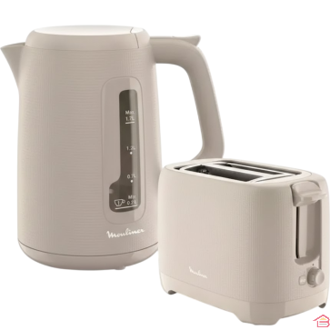 SET BOUILLOIRE 1,7 LITRE 2400 WATTS ET GRILLE PAIN 2 FENTES EXTRA LARGES 850 WATTS MOULINEX GRIS CHAUD