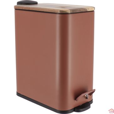 POUBELLE DE SALLE DE BAIN RECTANGULAIRE À PÉDALE 5 LITRES EN MÉTAL AVEC COUVERCLE FREIN DE CHUTE EN BOIS AMBRE