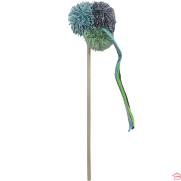 JOUET POUR CHAT SUR BATON EN BOIS AVEC BALLES ET RUBANS BLEU ET VERT 40 CM