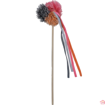JOUET POUR CHAT SUR BATON EN BOIS AVEC BALLES ET RUBANS ROSE ET ORANGE 40 CM