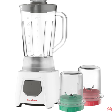 BLENDER ÉLECTRIQUE MOULINEX CAPACITÉ 1,5 L PUISSANCE 450 W AVEC 2 ACCESSOIRES BLANC