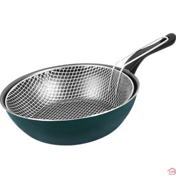 POÊLE À FRIRE AVEC GRILLE ET PANIER ÉGOUTTOIR ÉMERAUDE 26 CM ANTI-ADHÉRENTE LAMACOM