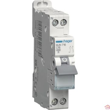 DISJONCTEUR 1 PÔLE + NEUTRE 16A COURBE C 4,5KA 230V HAGER MJ716