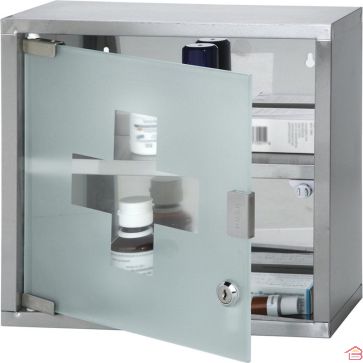 ARMOIRE À PHARMACIE MURALE CARRÉE EN ACIER INOXYDABLE AVEC PORTE EN VERRE TREMPÉ ET SERRURE 30X30X12 CM