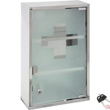ARMOIRE À PHARMACIE MURALE EN ACIER INOXYDABLE AVEC PORTE EN VERRE TREMPÉ ET SERRURE 30X50X12 CM