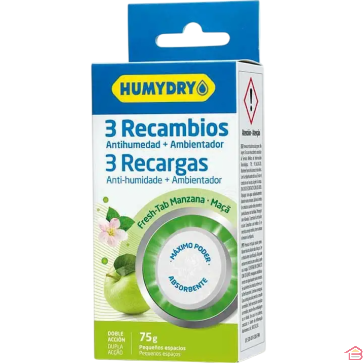 LOT DE 3 RECHARGES ABSORBEUR D’HUMIDITÉ ET DÉSODORISANT HUMYDRY MINI TAB 75 GRAMMES PARFUM POMME
