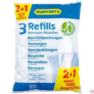 PACK ÉCONOMIQUE 3 RECHARGES ABSORBEUR D’HUMIDITÉ HUMYDRY 450 GRAMMES SANS PARFUM
