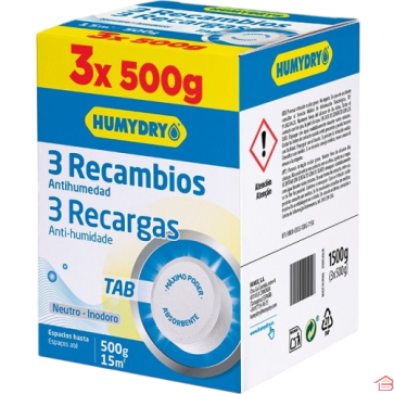 PACK DE 3 RECHARGES ABSORBEUR D’HUMIDITÉ HUMYDRY MEGA TAB 500 GRAMMES SANS PARFUM
