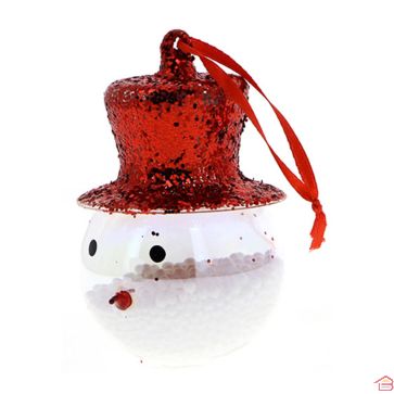 BOULE DE NOEL EN VERRE BONHOMME DE NEIGE AVEC CHAPEAU REMPLIE DE BOULES BLANCHES 7x10 CM COULEUR ROUGE