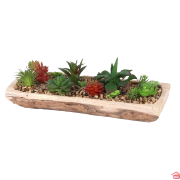 SUCCULENTE ARTIFICIELLE AVEC GRAVIER ET SUPPORT BOIS 35X15X11CM