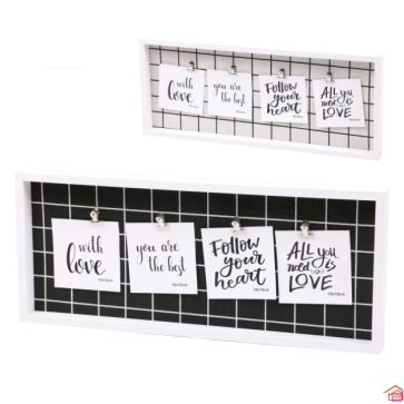 PELE MELE 50X20 CM FOND A CARREAUX AVEC 4 CLIPS - NOIR ET BLANC