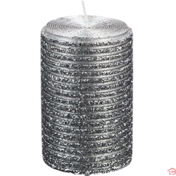 BOUGIE DECORATIVE PAILLETEE BLANC & ARGENT 5 X 7.5 CM