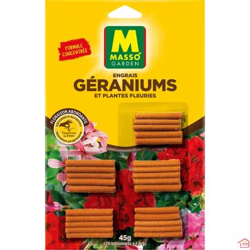 BOÎTE DE 25 BÂTONNETS ENGRAIS POUR GÉRANIUMS ET PLANTES FLEURIES NPK 10 8 12 AVEC MAGNÉSIUM NUTRITION 8 SEMAINES