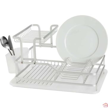 ÉGOUTTOIR À VAISSELLE EN ALUMINIUM À DEUX NIVEAUX AVEC PLATEAU ET PORTE-USTENSILES ARGENTÉ 59.7X35X27.3 CM