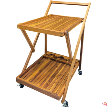 DESSERTE EN BOIS D’ACACIA À ROULETTES AVEC PLATEAU ET PORTE-BOUTEILLES