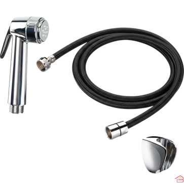 ENSEMBLE DOUCHETTE BIDET ANTICALCAIRE À BOUTON-POUSSOIR AVEC FLEXIBLE RENFORCÉ POLYFLEX NOIR ET SUPPORT CHROMÉ 1 JET