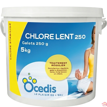 CHLORE LENT EN GALETS DE 250 GR POUR TRAITEMENT ET DÉSINFECTION DE PISCINE SEAU DE 5 KG OCEDIS