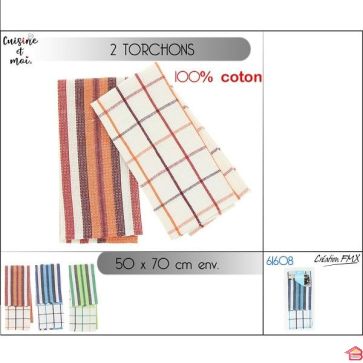 2 TORCHONS DIM 50X70 CM 100% COTON 3 MOTIFS  