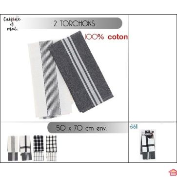 2 TORCHONS 50 X 70 CM 100% COTON 4 MOTIFS 