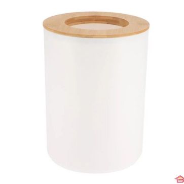 POUBELLE EN POLYPROPYLENE AVEC COUVERCLE EN  BAMBOU 5 LITRES  BLANC