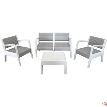 SALON DE JARDIN MIAMI 4 PLACES EN POLYPROPYLÈNE AVEC TABLE BASSE, FAUTEUILS ET CANAPÉ