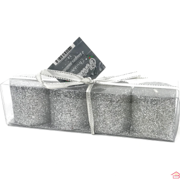 LOT 4 MINI BOUGIES PAILLETEES BLANC ET ARGENT 3.8 X 3.8 CM