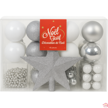 SUSPENSION DE NOËL BOÎTE DE 44 PIÈCES BOULES ET CIMIER ANTARES ARGENT ET BLANC