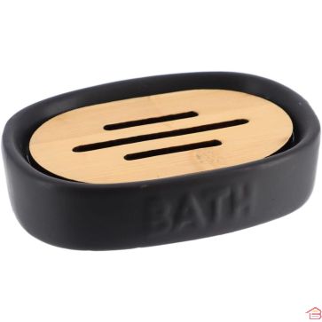 PORTE-SAVON EN CÉRAMIQUE NOIRE ET BAMBOU