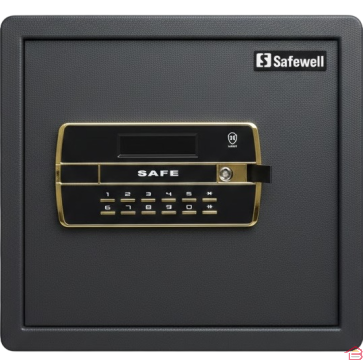 COFFRE-FORT ÉLECTRONIQUE SAFEWELL NOIR ET DORÉ AVEC ÉCRAN LCD DOUBLE CODE ET ALARME DE SÉCURITÉ