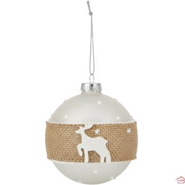 BOULE DE NOËL OPAQUE BLANCHE AVEC DÉCORATION EN JUTE DIAMÈTRE 8 CM