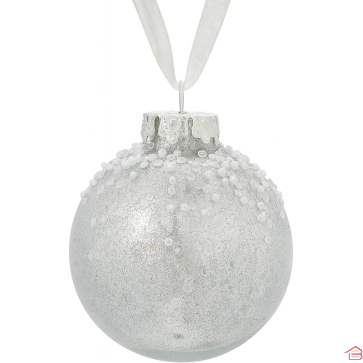 BOULE DE NOËL ARGENTÉE PAILLETÉE AVEC PERLES DIAMÈTRE 8 CM DÉCORATION FANTAISIE