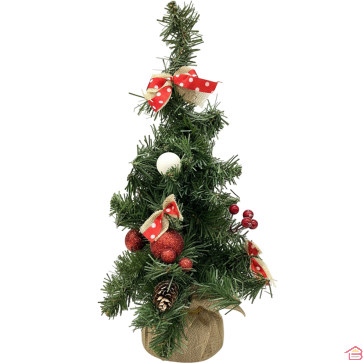 SAPIN DE TABLE DÉCORÉ AVEC BOULES ROUGES ET BLANCHES, NOEUDS ET PIN 40CM