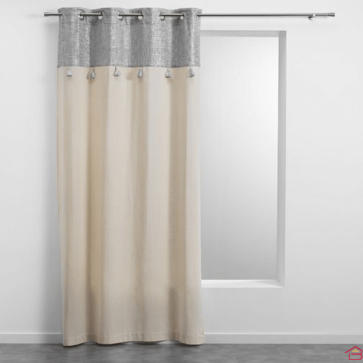 RIDEAU A OEILLETS 140 X 240 CM COTON UNI+TOP IMPRIME+POMPONS SULTAN ARGENT