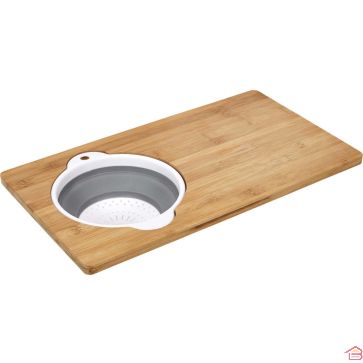 PLANCHE À DÉCOUPER EN BAMBOU AVEC PASSOIRE RÉTRACTABLE INTÉGRÉE 2 EN 1