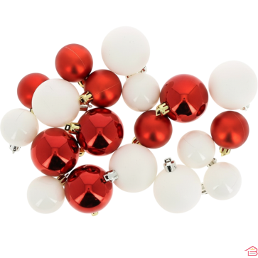 BOULES DE NOËL ROUGES ET BLANCHES 4 CM ET 5 CM LOT DE 18 PIÈCES