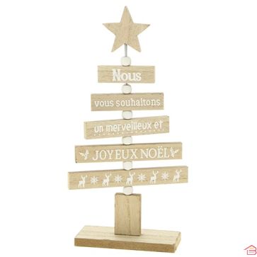 SAPIN EN BOIS AVEC ÉCRITURE ET ÉTOILE AU SOMMET
