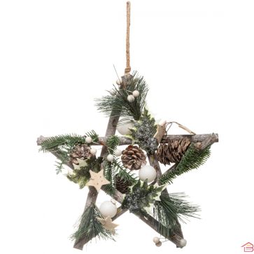 ÉTOILE A SUSPENDRE EN BOIS AVEC HOUX ET POMME DE PIN H 24 CM