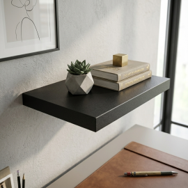 TABLETTE MURALE FLOTTANTE EN BOIS MDF NOIR À FIXATION INVISIBLE 30 CM AVEC SUPPORT ET VIS DE FIXATION