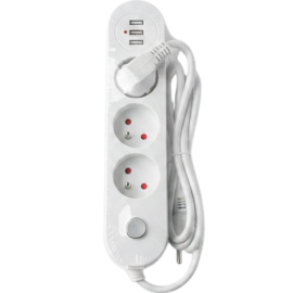 BLOC MULTIPRISE ÉLECTRIQUE BLANC 3 PRISES 2P+T 6 AMPÈRES AVEC 2 PORTS USB ET INTERRUPTEUR MARCHE ARRÊT