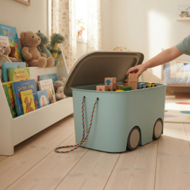 BOÎTE DE RANGEMENT ENFANT VERT MENTHE 45 LITRES AVEC ROULETTES 59 X 38 X 32 CM