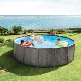PISCINE HORS SOL RONDE À ARMATURES 4,57 X 1,22 MÈTRES AVEC ÉPURATEUR BÂCHE TAPIS DE SOL ET ÉCHELLE DE SÉCURITÉ EFFET BOIS BALTIK